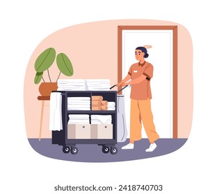 Sirena de hotel empujando tranvía con toallas limpias, ropa de cama para el servicio de habitaciones. Trabajador del albergue con carro, lavandería para la limpieza. Camarera con uniforme. Ilustración vectorial plana aislada en fondo blanco