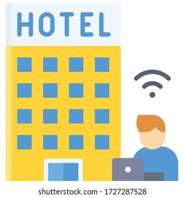Hotel mit Mann und Laptop, Arbeit von Hotel Vektor Illustration