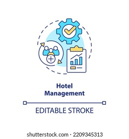 Hotel Management Concept Icon. Hospitality Training Course Abstract Idea Thin Line Illustration. Administration, Control. Isolated Outline Drawing. Editable Stroke. Arial, Myriad Pro-Bold Fonts Used