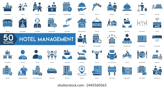 Hotel Management icon. Hotel Reception, Check-In, Check-Out, Concierge Service, Reservations, Room Service, Hotel Keys, Front Desk, Hotel Bell and Housekeeping icon set.