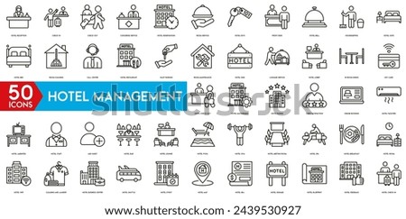 Hotel Management icon. Hotel Reception, Check-In, Check-Out, Concierge Service, Reservations, Room Service, Hotel Keys, Front Desk, Hotel Bell and Housekeeping icon set.