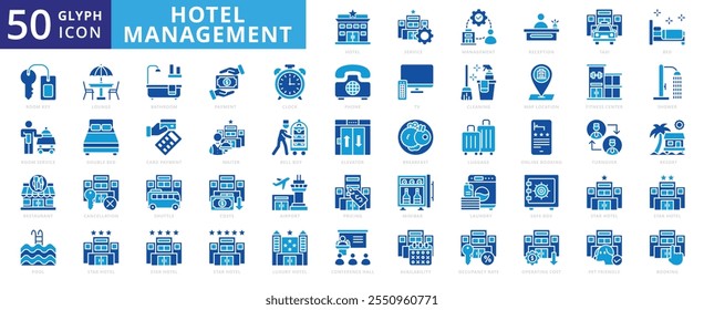 Icono de gestión del hotel conjunto de salón, teléfono, reloj, restaurante, estrella, baño, lujo, hotel, aeropuerto, ledtv, desayuno, piscina, limpieza, cama, gestión, llave, lavandería, servicio, equipaje, ascensor, taxi