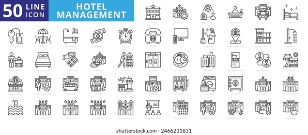 Hotel Management icon set with reception, taxi, bed, key, room service, restaurant, pool, lounge, bathroom and payment.