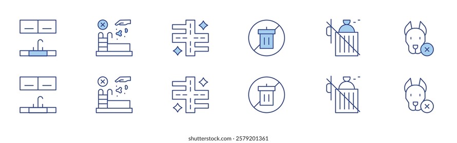 Hotel Management icon set in two styles, Duotone and Thin Line style. Editable stroke. kitchen sink, littering, overfill dumpster, pet free, throwing items in pool, apartment building walkway.