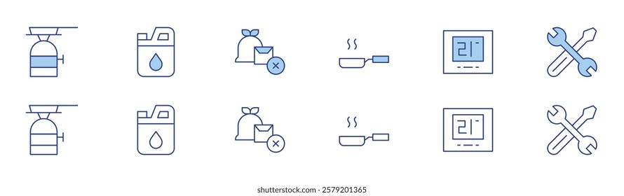 Hotel Management icon set in two styles, Duotone and Thin Line style. Editable stroke. littering, pan, propane tank, bottle of cooking oil tightly and throw out in garbage.
