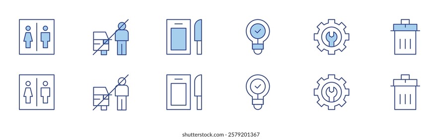 Hotel Management icon set in two styles, Duotone and Thin Line style. Editable stroke. cutting board, toilet, light bulb, trash can kitchen, maintenance request, loitering in parking lot.