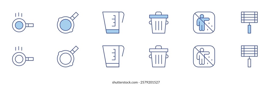 Hotel Management icon set in two styles, Duotone and Thin Line style. Editable stroke. trash can kitchen, littering, bottom of pot, pan, bbq, bottle of cooking oil tightly and throw out in garbage.