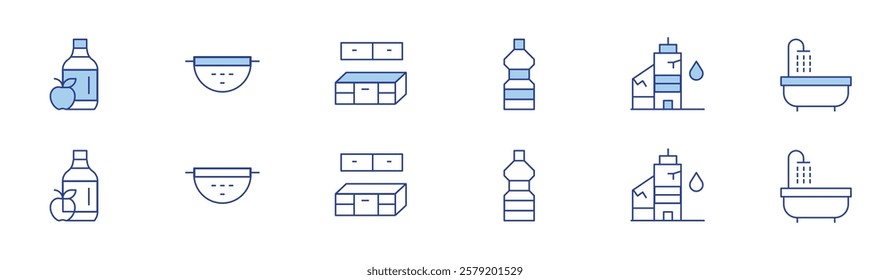 Hotel Management icon set in two styles, Duotone and Thin Line style. Editable stroke. vinegar, sink strainer, cooking oil, leaks in apt, coutnertop kitchen, bathtubshower.