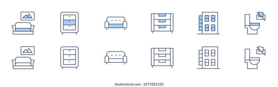 Hotel Management icon set in two styles, Duotone and Thin Line style. Editable stroke. wipes down toilet, couch, dresser, apt home.