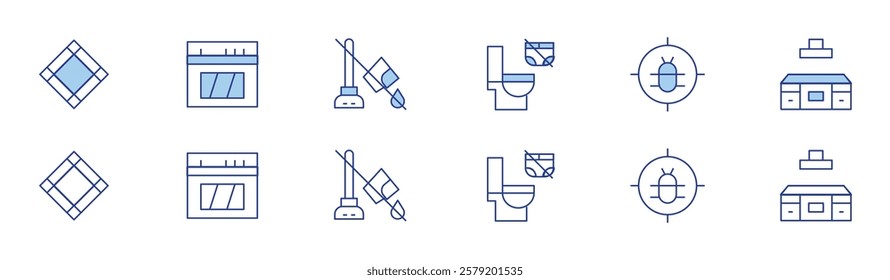 Hotel Management icon set in two styles, Duotone and Thin Line style. Editable stroke. trivet, oven, diapers down toilet, pests, coutnertop kitchen, dirty water from cleaning floors and dumping outsid