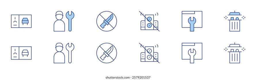 Hotel Management icon set in two styles, Duotone and Thin Line style. Editable stroke. put trash in dumpster, parking pass sticker, crime free, loud boom box, work order.