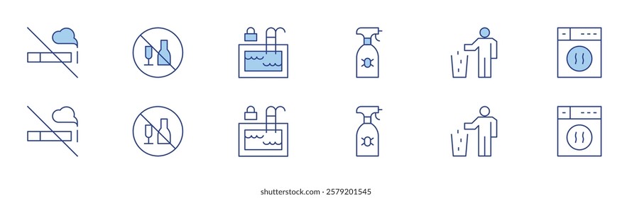 Hotel Management icon set in two styles, Duotone and Thin Line style. Editable stroke. pest service roaches bed bugs, put trash in dumpster, smoke free, drinking alcohol in public.