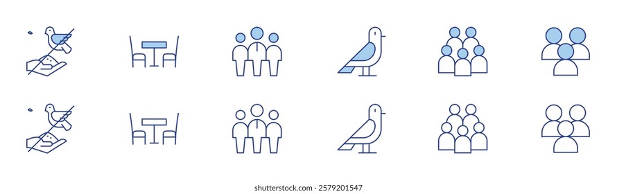 Hotel Management icon set in two styles, Duotone and Thin Line style. Editable stroke. pigeon, pigeon feeding, dining chair, guests.