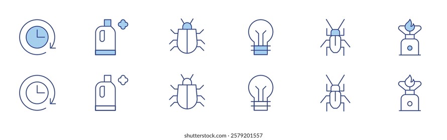 Hotel Management icon set in two styles, Duotone and Thin Line style. Editable stroke. long time, abrasive detergent, light bulb, coackroach, propane tank.
