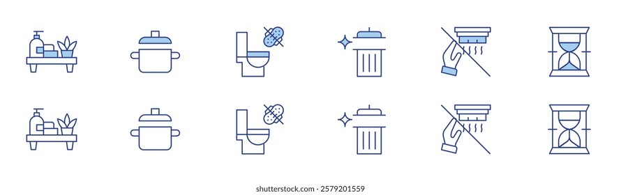 Hotel Management icon set in two styles, Duotone and Thin Line style. Editable stroke. long time, feminie products down toilet, clean up your trash, shelf, empty pot, remove smoke alarm.