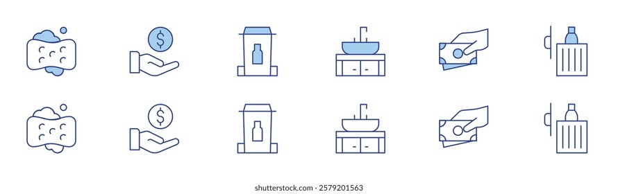 Hotel Management icon set in two styles, Duotone and Thin Line style. Editable stroke. kitchen sink, soft sponge, fine, dispose of cooking oil.