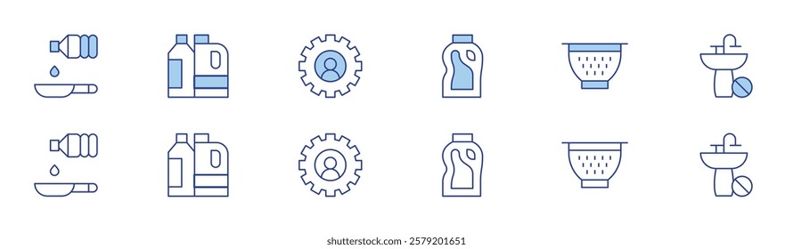 Hotel Management icon set in two styles, Duotone and Thin Line style. Editable stroke. cooking oil, bleach, abrasive detergent, bathtub strainer, work order, clog kitchen sink.