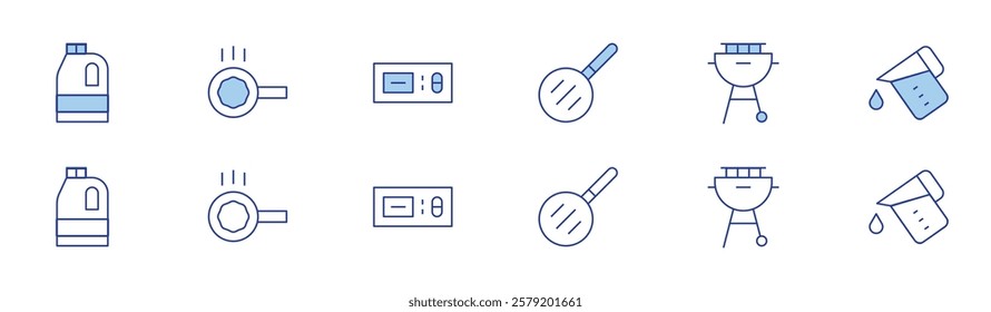 Hotel Management icon set in two styles, Duotone and Thin Line style. Editable stroke. bleach, bottom of pot, bbq, bottle of cooking oil tightly and throw out in garbage, ACHVAC thermostat.