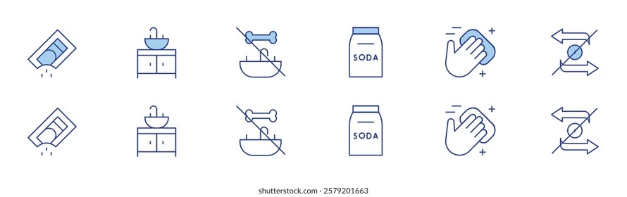 Hotel Management icon set in two styles, Duotone and Thin Line style. Editable stroke. banking soda, kitchen sink, cleaning kitchen counter, non transferrable, plastic glass bone.