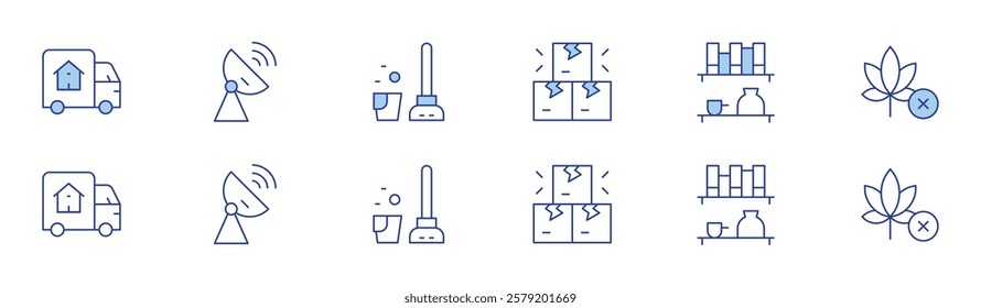 Hotel Management icon set in two styles, Duotone and Thin Line style. Editable stroke. cleaning kitchen floor, cardboard box broken down, shelf, haul away furniture service.