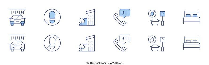 Hotel Management icon set in two styles, Duotone and Thin Line style. Editable stroke. apartment bldg courtyard, bed, washing car, call, tresspassor, car dripping oil in parking lot.