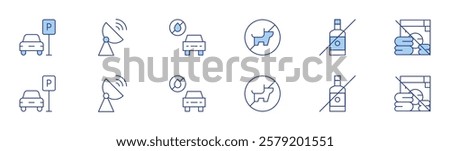 Hotel Management icon set in two styles, Duotone and Thin Line style. Editable stroke. parking lot, TV satelite dish, pet free, drinking alcohol in public, dont overload machine.