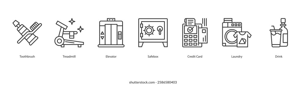 Hotel Management Icon Sheet Toothbrush, Treadmill, Elevator, Safebox, Credit Card, Laundry, Drink