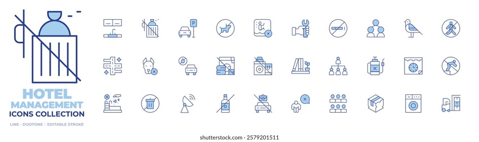 Hotel Management icons collection. Line Duotone style, editable stroke. pest service roaches bed bugs, cardboard box broken down, haul away furniture service, diving, washerdryer.