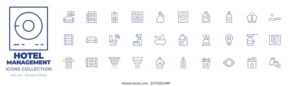 Hotel Management icons collection. Thin Line icons, editable stroke. vinegar, abrasive detergent, wipes down toilet, smoke alarm, put trash in dumpster, couch, dresser, bathtubshower.