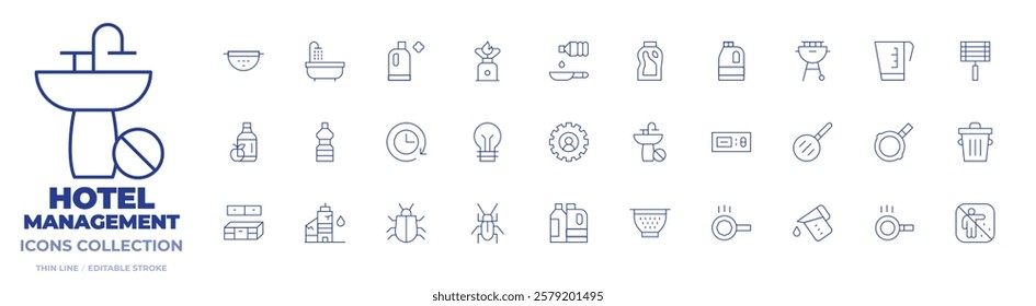 Hotel Management icons collection. Thin Line icons, editable stroke. long time, vinegar, sink strainer, cooking oil, abrasive detergent, light bulb, work order, propane tank, bathtubshower.