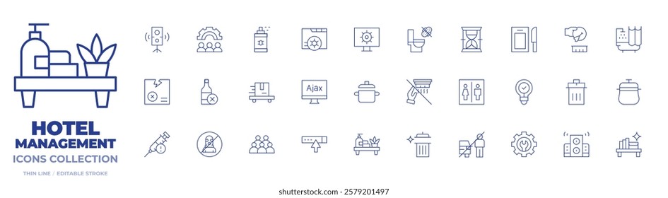 Hotel Management icons collection. Thin Line icons, editable stroke. long time, toilet, feminie products down toilet, work order, empty pot, remove smoke alarm, ajax.