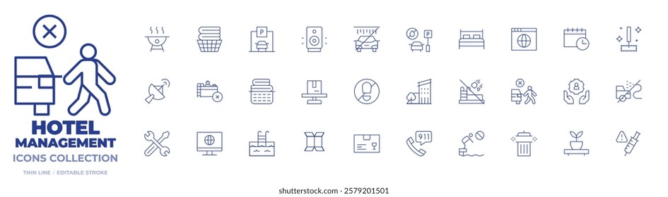 Hotel Management icons collection. Thin Line icons, editable stroke. clean up your trash, shelf, washing car, drug free, community manager, loitering in parking lot.