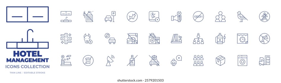 Hotel Management icons collection. Thin Line icons, editable stroke. kitchen sink, overfill dumpster, parking lot, pet free, apartment building walkway.