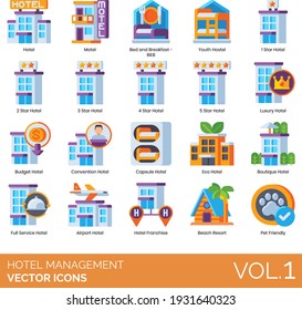 Hotel management icons including motel, bed and breakfast, youth hostel, star, luxury, budget, convention, capsule, eco, boutique, full service, airport, franchise, beach resort, pet friendly. svg