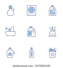 Hotel Management icons set. Line Duotone style, editable stroke. vinegar, cooking oil, bleach, abrasive detergent, food scraps, burner, propane tank, bathtubshower.