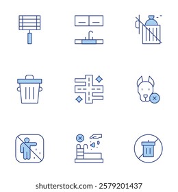 Hotel Management icons set. Line Duotone style, editable stroke. trash can kitchen, littering, pet free, throwing items in pool, apartment building walkway.