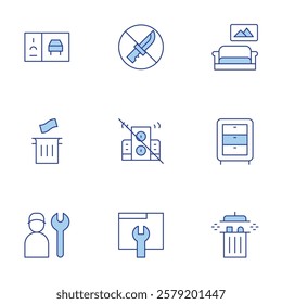 Hotel Management icons set. Line Duotone style, editable stroke. put trash in dumpster, couch, dresser, parking pass sticker, crime free, loud boom box, work order.