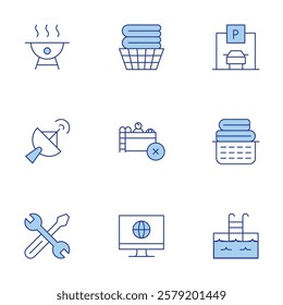 Hotel Management icons set. Line Duotone style, editable stroke. maintenance request, parking lot, TV satelite dish, gated pool, clean clothes load, online portal, bbq, minors at pool alone.