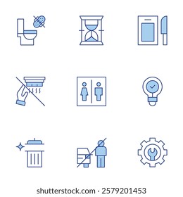 Hotel Management icons set. Line Duotone style, editable stroke. long time, cutting board, toilet, feminie products down toilet, light bulb, remove smoke alarm.