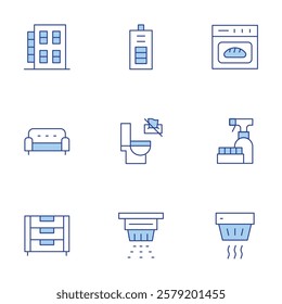 Hotel Management icons set. Line Duotone style, editable stroke. oven, abrasive detergent, wipes down toilet, smoke alarm, battery, couch, dresser, apt home.