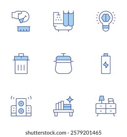 Hotel Management icons set. Line Duotone style, editable stroke. battery, light bulb, trash can kitchen, food scraps, empty pot, bathtubshower.