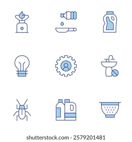 Hotel Management icons set. Line Duotone style, editable stroke. abrasive detergent, bathtub strainer, light bulb, work order, coackroach, clog kitchen sink.