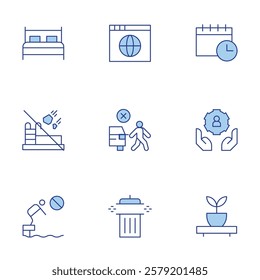Hotel Management icons set. Line Duotone style, editable stroke. bed, throwing items in pool, book an appt, online portal, community manager, loitering in parking lot.