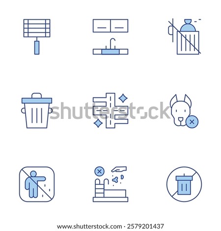 Hotel Management icons set. Line Duotone style, editable stroke. trash can kitchen, littering, pet free, throwing items in pool, apartment building walkway.