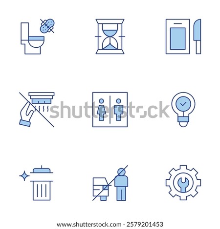 Hotel Management icons set. Line Duotone style, editable stroke. long time, cutting board, toilet, feminie products down toilet, light bulb, remove smoke alarm.