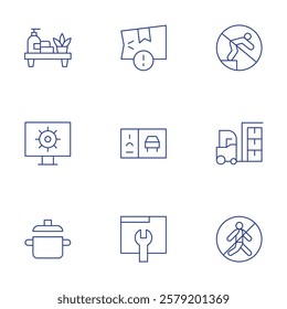 Hotel Management icons set. Thin Line style, editable stroke. work order, cardboard box broken down, shelf, haul away furniture service, parking pass sticker, diving.