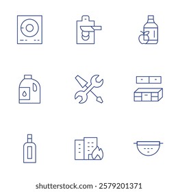 Hotel Management icons set. Thin Line style, editable stroke. vinegar, sink strainer, cooking oil, cutting board, abrasive detergent, fire in apt, work order, burner, coutnertop kitchen.