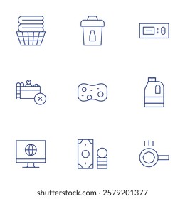 Hotel Management icons set. Thin Line style, editable stroke. soft sponge, bleach, clean clothes load, dispose of cooking oil.