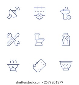 Hotel Management icons set. Thin Line style, editable stroke. soft sponge, bleach, bathtub strainer, toilet, work order, maintenance request, TV satelite dish, bbq, clog kitchen sink.