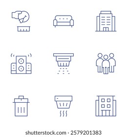 Hotel Management icons set. Thin Line style, editable stroke. smoke alarm, trash can kitchen, food scraps, couch, loud music, guests, apt home, office.